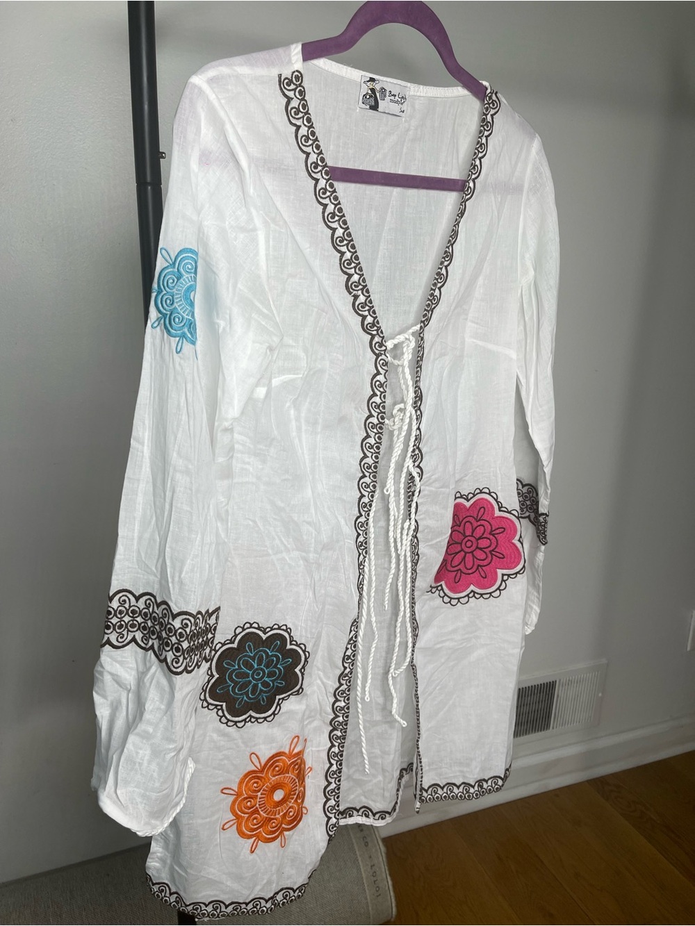 Mud Pie White Cover-Up with Pink, Blue, Orange & Brown Embroidery